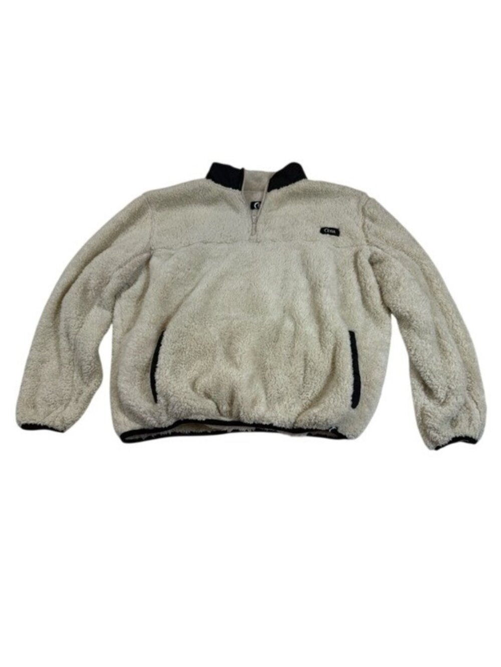 Zyia Sherpa Fleece Pullover Half-Zip Beige Jacket W/ Black Trim (E850)